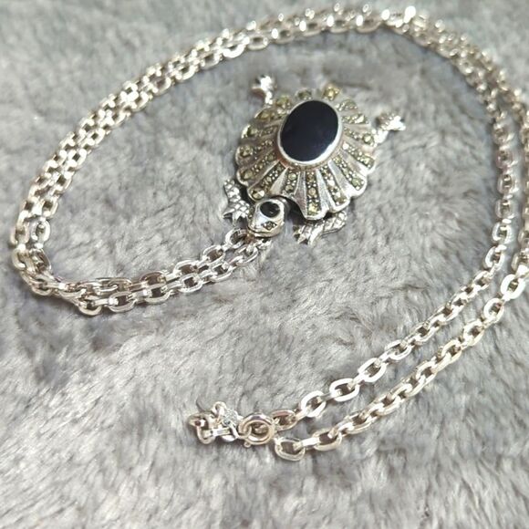 Vintage Sterling Silver, Onyx and Marcasite Turtle Pendant/Necklace - Picture 3 of 16